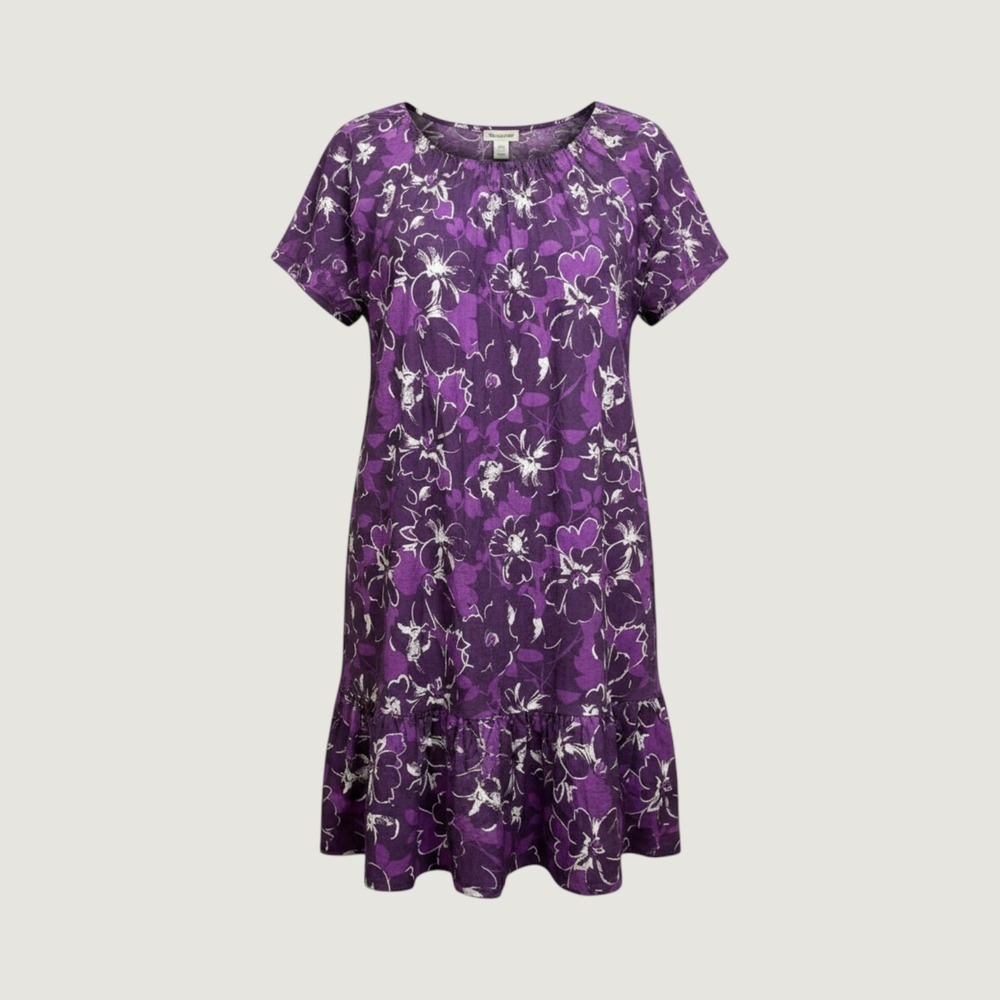 Vintage 90s Purple Cotton Blend Floral Shift Dress Ruffle‎ Hem Large